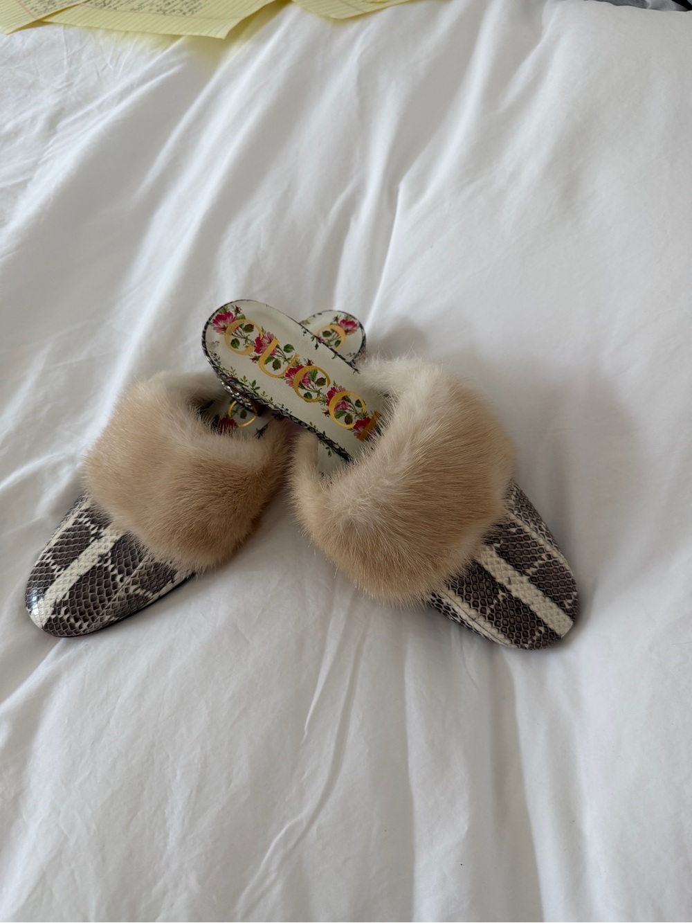 Gucci Brown Snake-Print Mules with Beige Fur Trim
